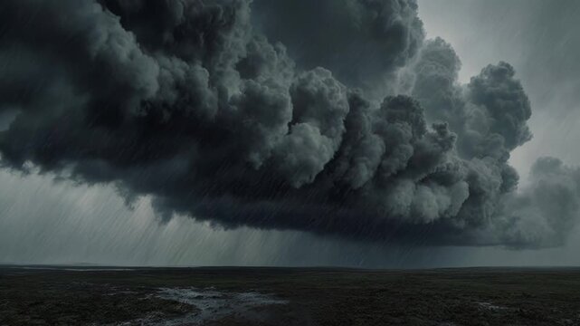 Dark storm clouds gather ominously over a flat landscape, with heavy rain falling and creating puddles on the ground, showcasing the intensity of the approaching weather
