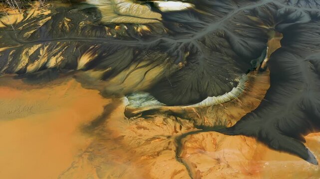 Aerial abstract surreal natural patterns above. Colorful chemical mining leach residues in decanting pond by drone