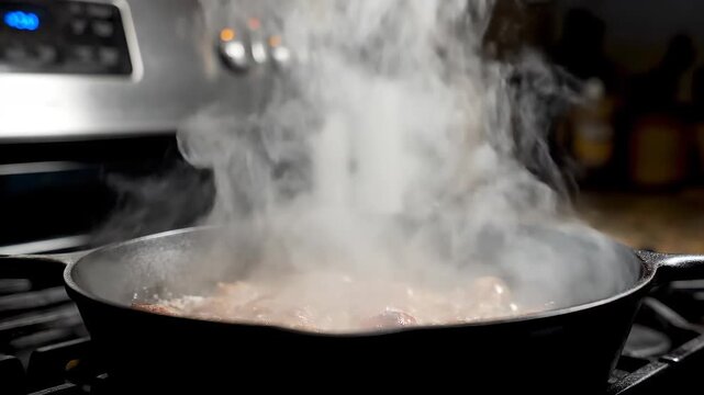 Steam of food cooking in a pan, steaming hot seared pork cutlet