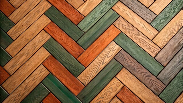 High angle macro architectural shot featuring intricate herringbone wooden floor pattern with mixed colors