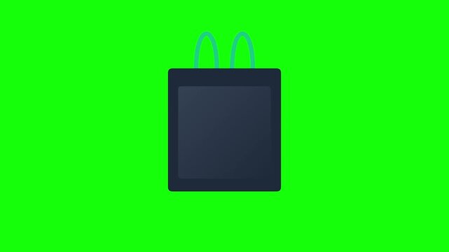 Minimalist black shopping bag animation on green screen, flat vector retail icon with handles, commercial e-commerce motion graphic for marketing