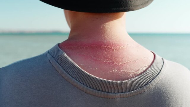 Painful sunburn on the back and neck of a teenage child. Close-up of reddened and flaky skin.
