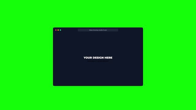 Minimalist web browser window mockup on green screen background, dark mode internet interface frame, digital website display template for UI design