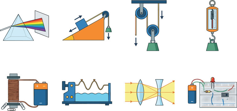 Physics Experiment Icon Set Featuring Optics, Mechanics, Electricity, and Wave ConceptsPhysics Experiment Icon Set Featuring Optics, Mechanics, Electricity, and Wave Concepts