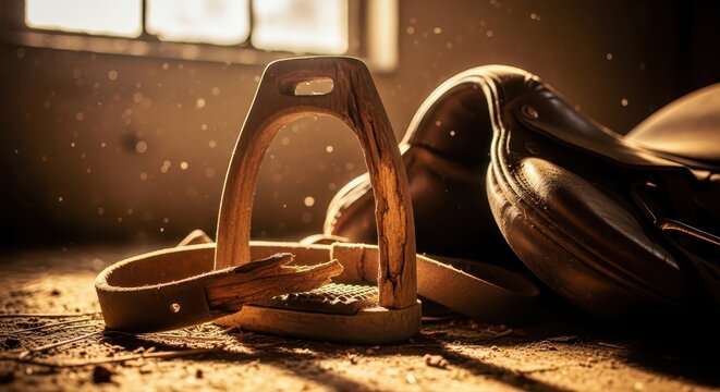 Close-up of a weathered wooden stirrup and worn leather horse saddle in dusty sunlight, evoking rural life and equestrian heritage.
