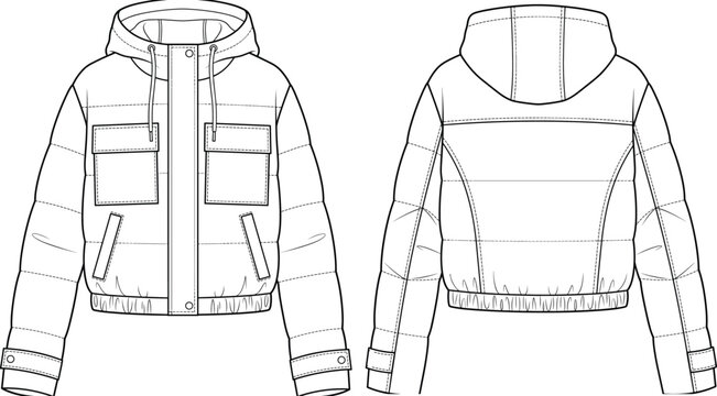 Technical Flat Sketch of Hooded Puffer Jacket with Front Flap Pockets and Ribbed HemTechnical Flat Sketch of Hooded Puffer Jacket with Front Flap Pockets and Ribbed Hem