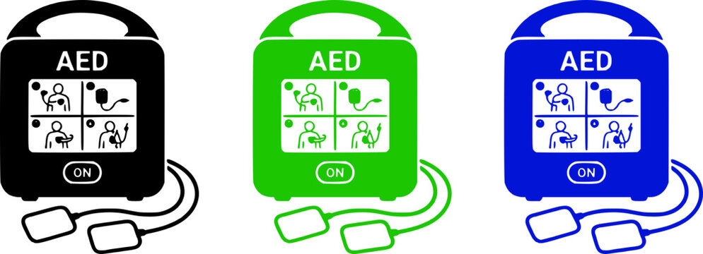 Automated external defibrillator AED device with heart shock pads vector icon set design