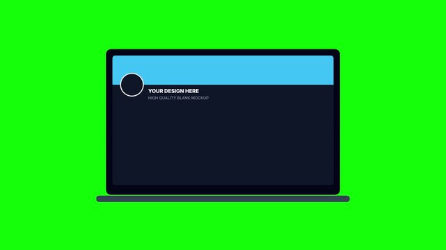 Laptop mockup on green screen background, digital notebook with social media profile interface, flat vector computer display for web design