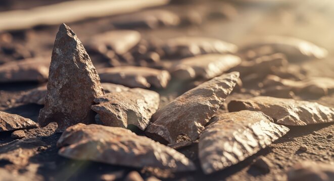 Collection of ancient stone arrowheads and primitive tools scattered on dry earth, representing prehistoric human artifacts and history.
