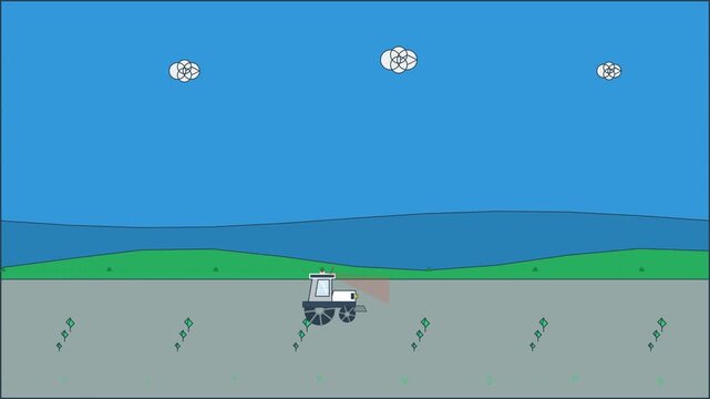 Cartoon Tractor Driving Across Agricultural Field 2D Animation