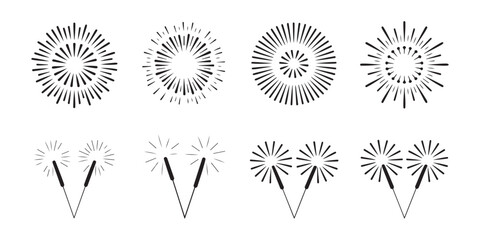 Set of firework explosion and sparkler icons isolated on a transparent background for various events. © Md