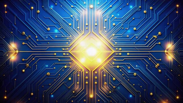 A stylized image showing a blue circuit board with gold pathways and a central diamond shape