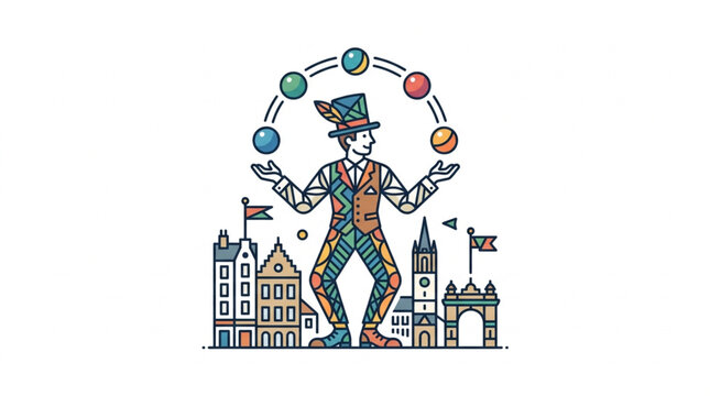 Colorful juggler performing with cityscape backdrop.