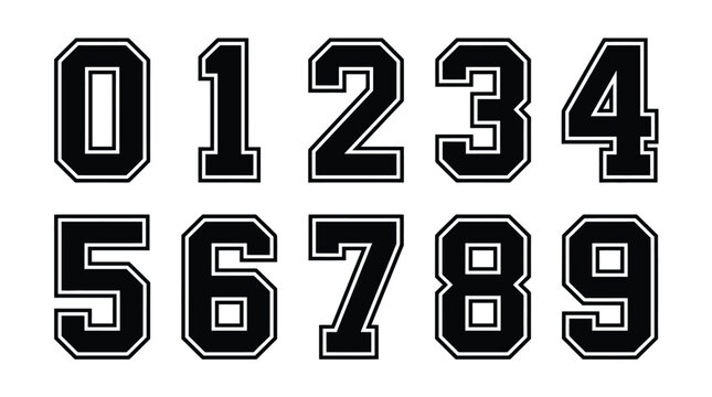 Bold black and white collegiate style varsity numbers zero through nine featuring a clean double outline for athletic jersey designs