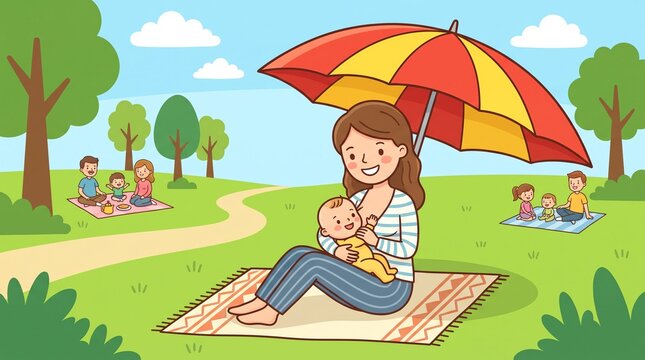 Illustration of a mother breastfeeding her baby under a colorful umbrella in a sunny park.