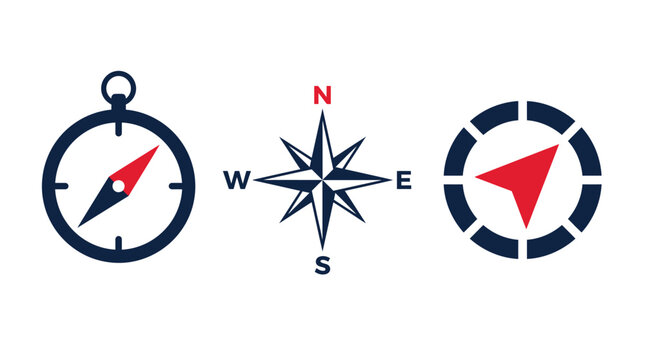 Three distinct navigation compass icons featuring sharp red needles and dark blue circular frames in a clean minimalist vector style
