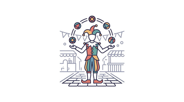Colorful juggler performing with multiple balls in city setting.