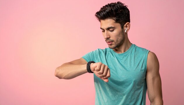 Young runner checking smartwatch after jogging on pastel background