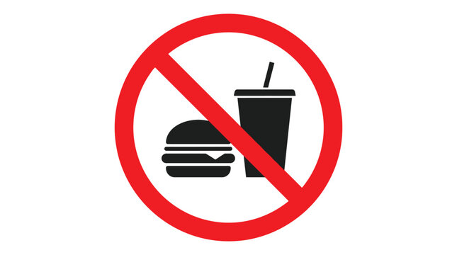 A bold red circular prohibition sign featuring a black burger and drink icon representing a strict no food policy
