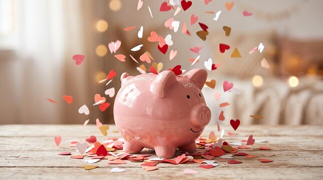 Pink Piggy Bank Surrounded by Falling Heart Shaped Confetti.