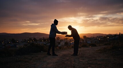 Fototapeta premium Silhouette of a person giving food to an elderly man at sunset.