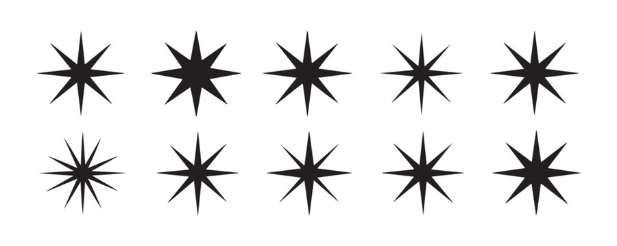 Collection of black eight point starburst icons for celestial patterns and winter holiday decoration.