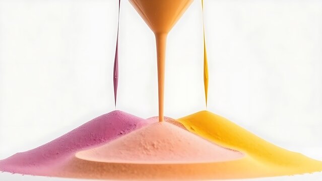 Two streams of colored sand merging into one uniform mixture in a funnel.