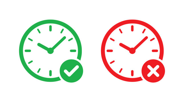 Minimalist vector icons of a green clock with a check mark and a red clock with an x symbol