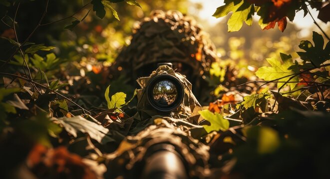 Camouflaged Sniper in Ghillie Suit Lying in Wait Amidst Autumn Foliage, Focusing Through Rifle Scope