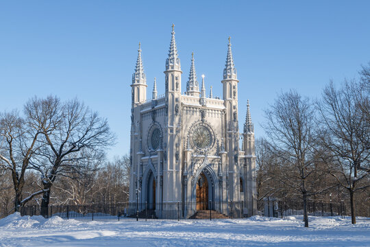 The Chapel of St. Alexander Nevsky in a winter landscape on a February morning. Alexandria Park, Peterhof