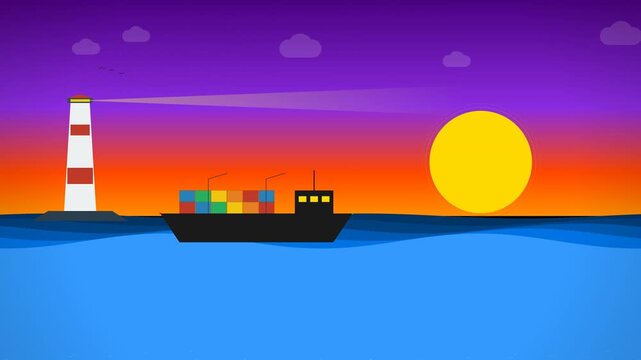 Minimalist Lighthouse Scenery with Animated Sun Moving Across Horizon Line