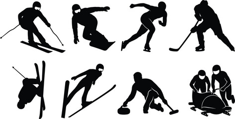 Naklejka premium Energetic collection of winter sports athlete silhouettes featuring skiing, snowboarding, skating, hockey, curling, bobsledding, jumping, and freestyle vector designs