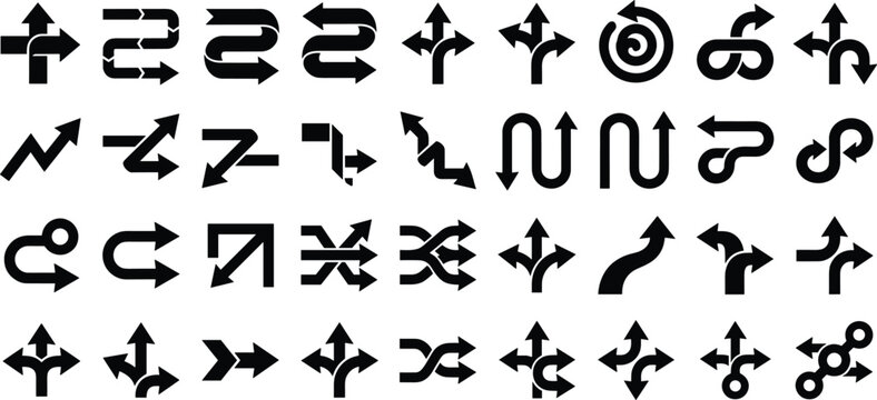 Versatile collection of black directional arrow icons featuring straight, curved, zigzag, looped, spiral, U‑turn, and multi‑directional vector designs for navigation graphics