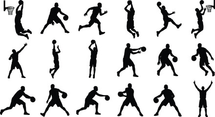 Basketball Player Silhouette Collection Featuring Dribbling Shooting Dunking Passing and Jumping Action Poses for Sports Vector Design © Mahabuba