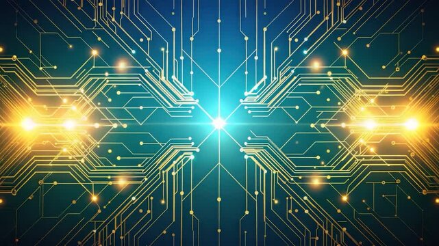 Glowing golden circuitry on a blue-green gradient background with a central bright light