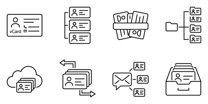 Contact management, vcard, contact list, data organization, cloud storage, email sharing.