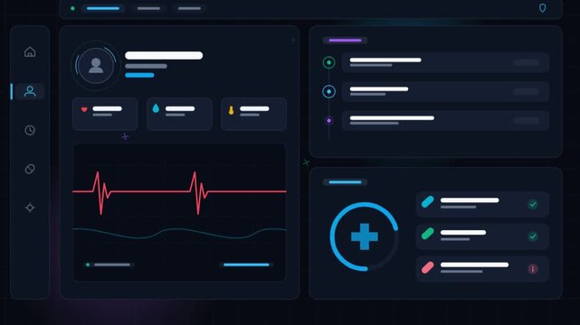 Futuristic medical dashboard interface, digital healthcare HUD with heartbeat monitor, dark blue medical UI design for hospital software