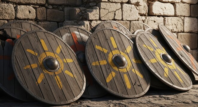 Collection of ancient wooden shields leaning against a stone wall, evoking historical battles and Viking warrior equipment.