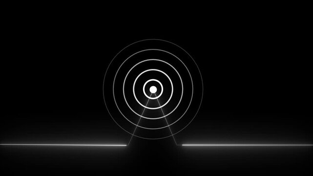Neon glow line animated by radio wave animation on a black screen background. Radio wave tower connective network and signal waves. Radio waves signal 4k video animation