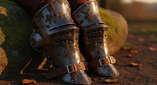 Close-up of muddy medieval knight leg armor, leg greaves covered in dirt and debris, historical reenactment detail
