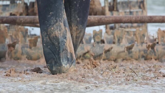 Muddy Boots and Machinery: A close-up shot focuses on a pair of heavily muddied boots standing on rough, wet ground, with industrial machinery blurred in the background.