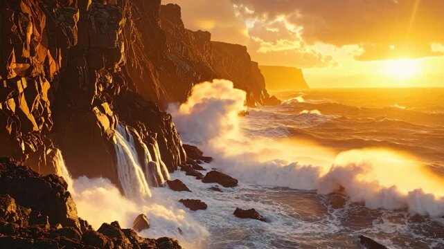 Coastal scene during sunset featuring rugged cliffs, crashing waves, and golden sunlight