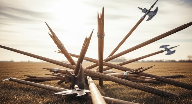 Collection of antique medieval polearms and axes clustered together on a grassy field at sunset