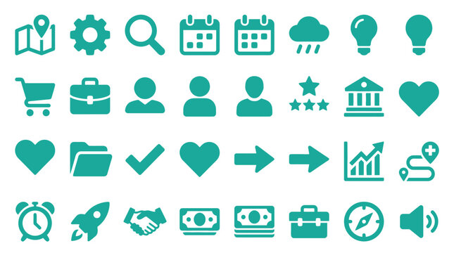 Large collection of teal green flat interface icons including business navigation and productivity symbols like maps gears search calendars lightbulbs and charts on white background.