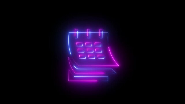 Neon glowing calendar icon animation. neon Animated date calendar 4k concept video.