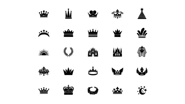 Crowns Arranged in a 4x6 Grid with Various Designs and Styles Featuring Crown, Royal, Icon with Design and Symbol Elements