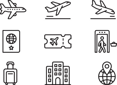 Minimalist Travel and Aviation Icon Set Featuring Airplanes, Luggage, Passport, Ticket, Airport, and Globe Vector