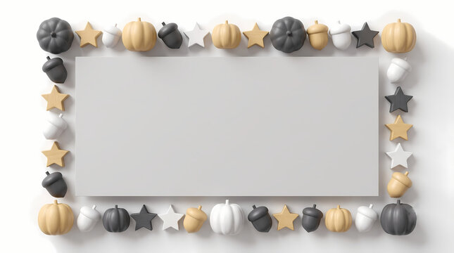 Minimalist Scandinavian 3D render wooden rectangular frame of geometric pumpkins and acorns, Halloween banner template with copy space