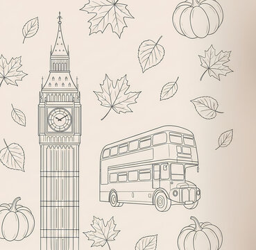 Minimalist line art illustration of London Big Ben, double-decker bus and autumn leaves, Halloween banner template with copy space