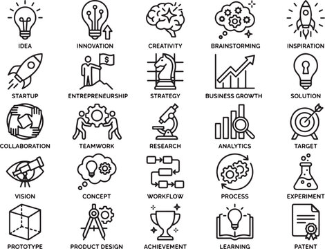 Modern Minimalist Business Concept Icons Set Featuring Innovation, Strategy, Collaboration, and Growth Elements in Clean